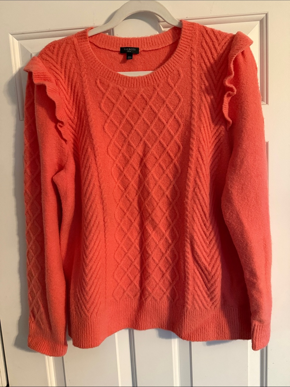 Talbots Coral Cable-Knit Ruffle-Shoulder Crewneck Sweater